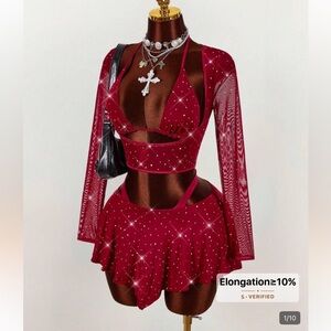 SHEIN Red Skirt Set with Rhinestones